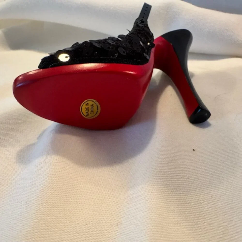Jewelry Holder- Rings & Earrings - Black Sequin, Red Bottom, Sling Back Stiletto